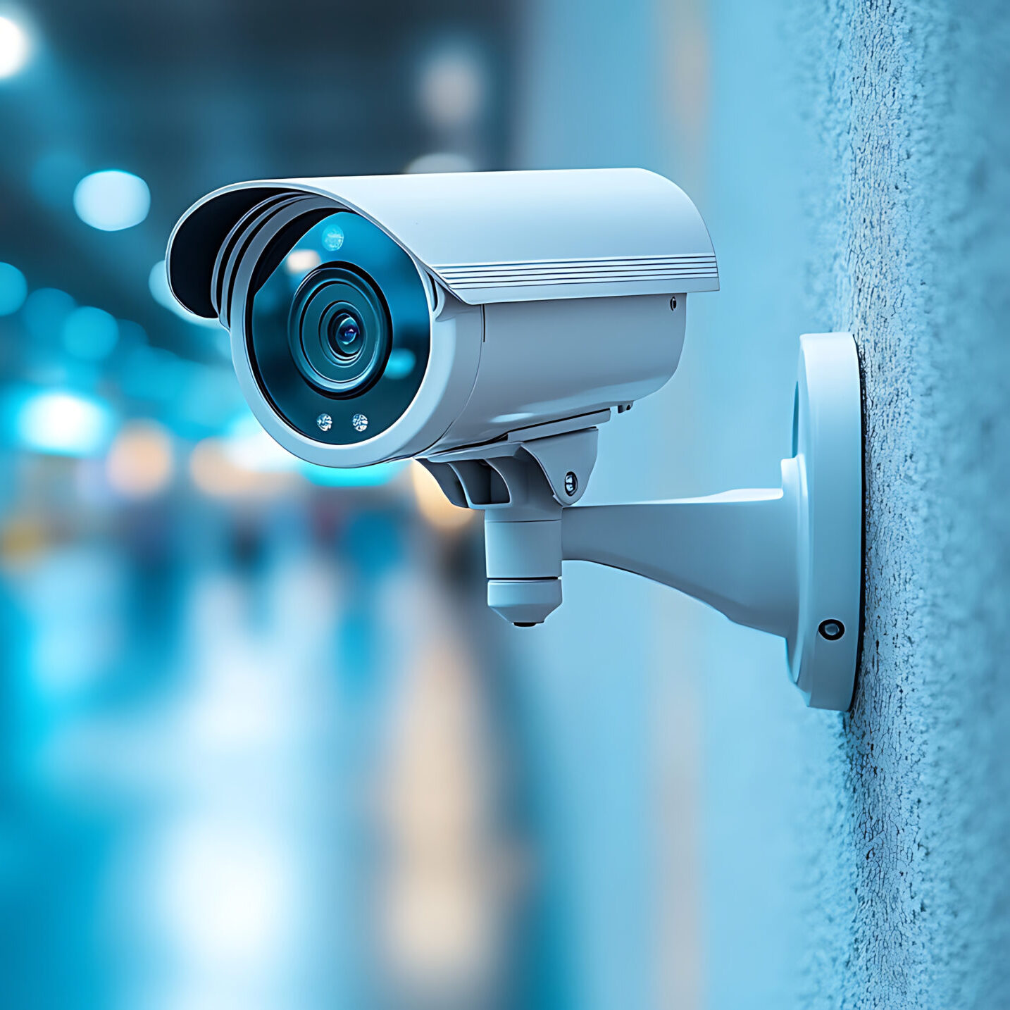 A sleek security camera mounted on a modern building wall, monit